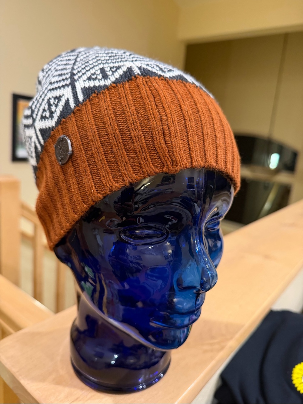 Rust Ribbed Cuff Beanie with Patterned Crown